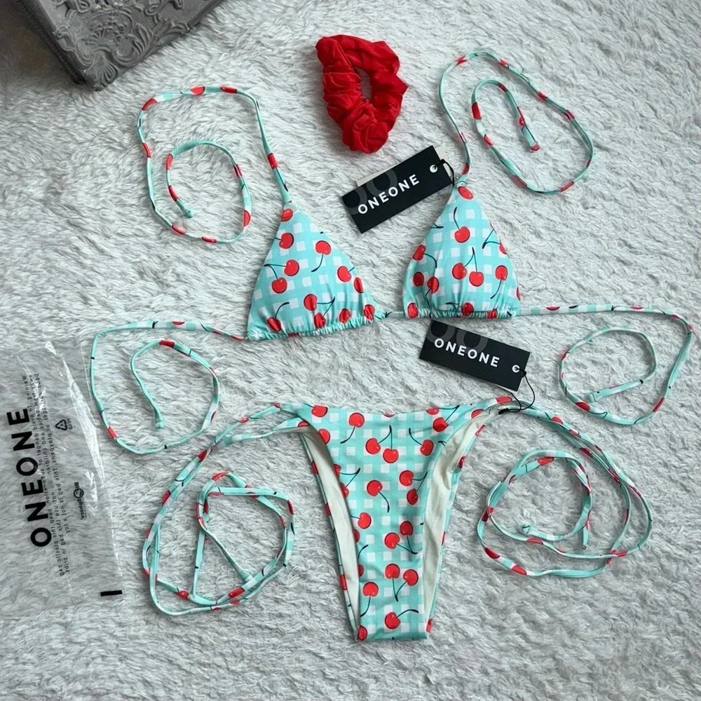 ONEONE Cherry Print Triangle Bikini Set in Mint